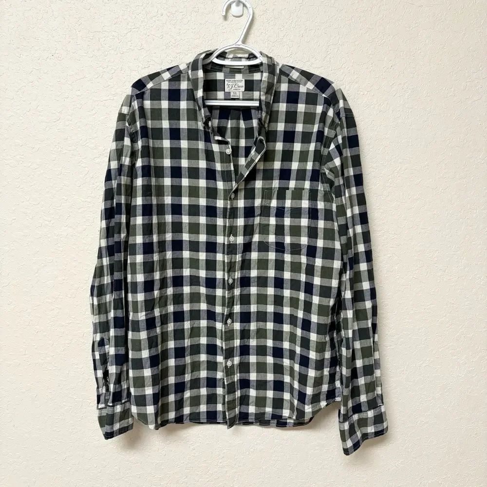 J Crew Mens Slim Untucked Stretch Button Down Shirt Plaid Size XL Organic Cotton